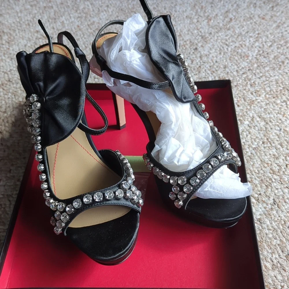 Pour la Victoria Glada Black Satin Heels with Rhinestone Detailing